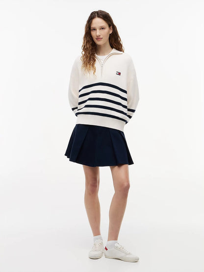 Maglia Tommy Jeans mezza zip a righe con logo flag donna