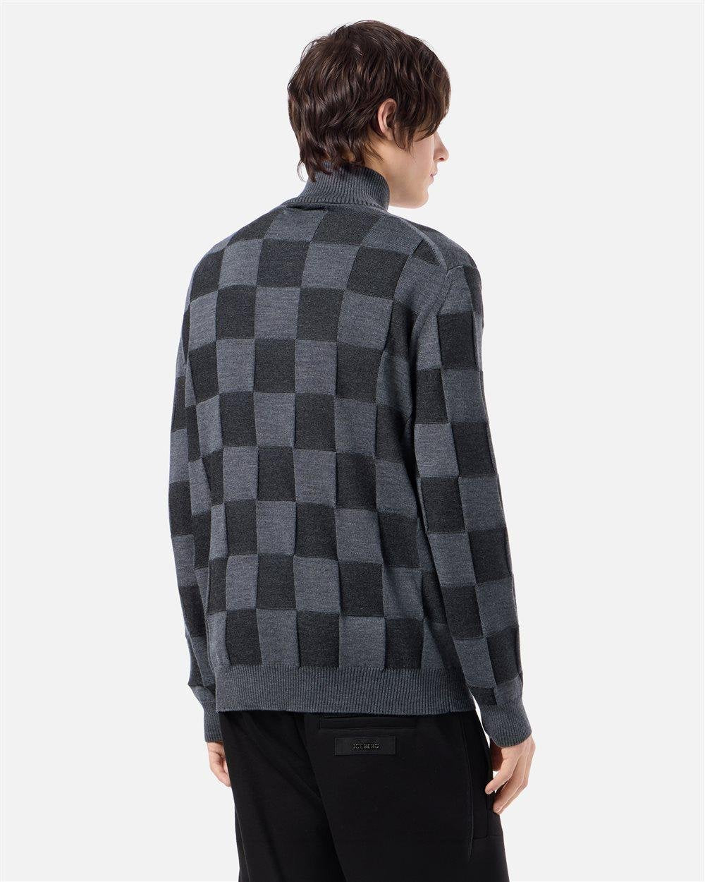Maglia Iceberg in lana mezza zip color blocking e logo jacquard a intarsio