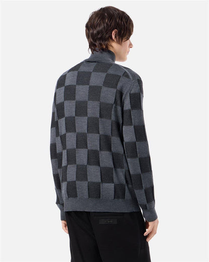 Maglia Iceberg in lana mezza zip color blocking e logo jacquard a intarsio