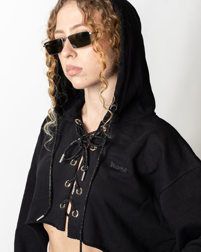 Felpa Disclaimer cropped con laccetti donna