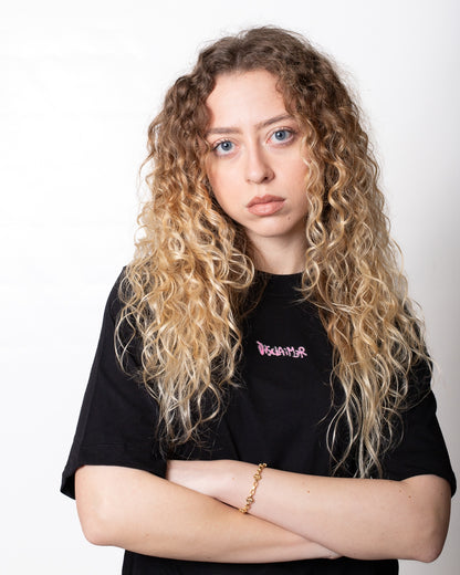 T-Shirt Disclaimer cropped con stampa e logo glitter donna