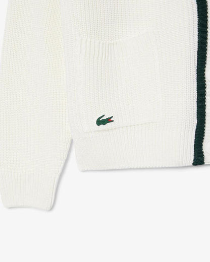 Cardigan Lacoste in lana con logo gommato e profili a contrasto