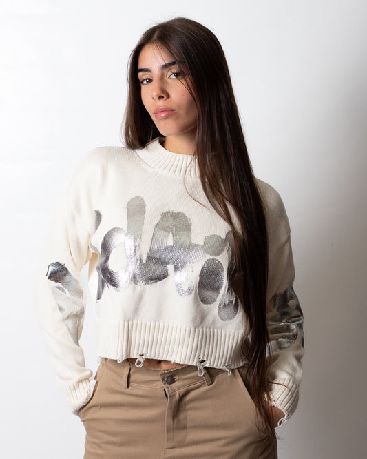 Maglia Disclaimer girocollo cropped con stampa donna
