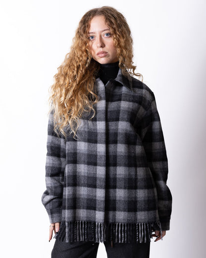 Giubbotto Iceberg in lana motivo tartan con frange e logo in metallo
