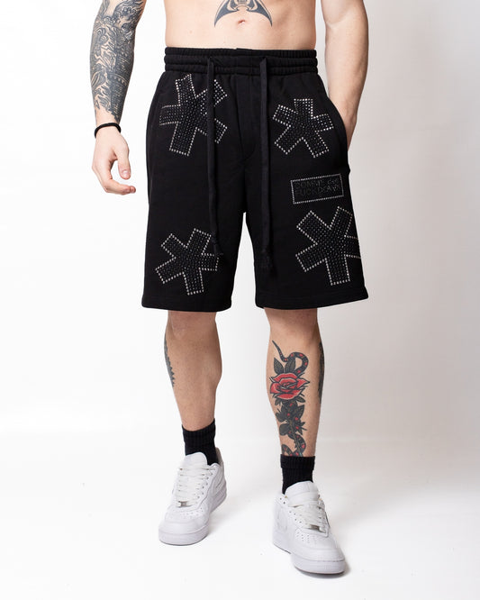 Bermuda Comme des Fuckdown in felpa con strass all-over uomo