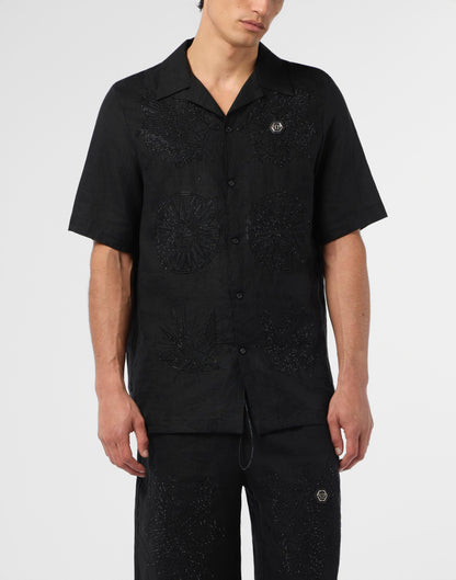 Camicia Philipp Plein manica corta in lino con logo tattoo e applicazione di strass