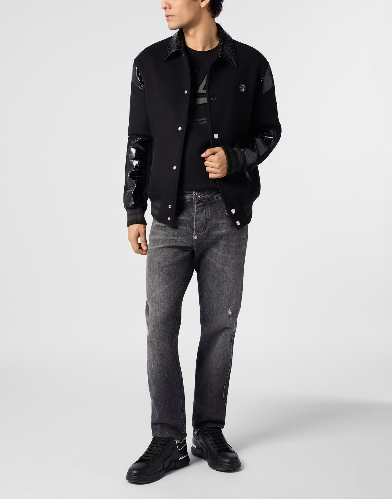Bomber jacket Philipp Plein in lana e cashmere con inserti in pelle stampa di coccodrillo