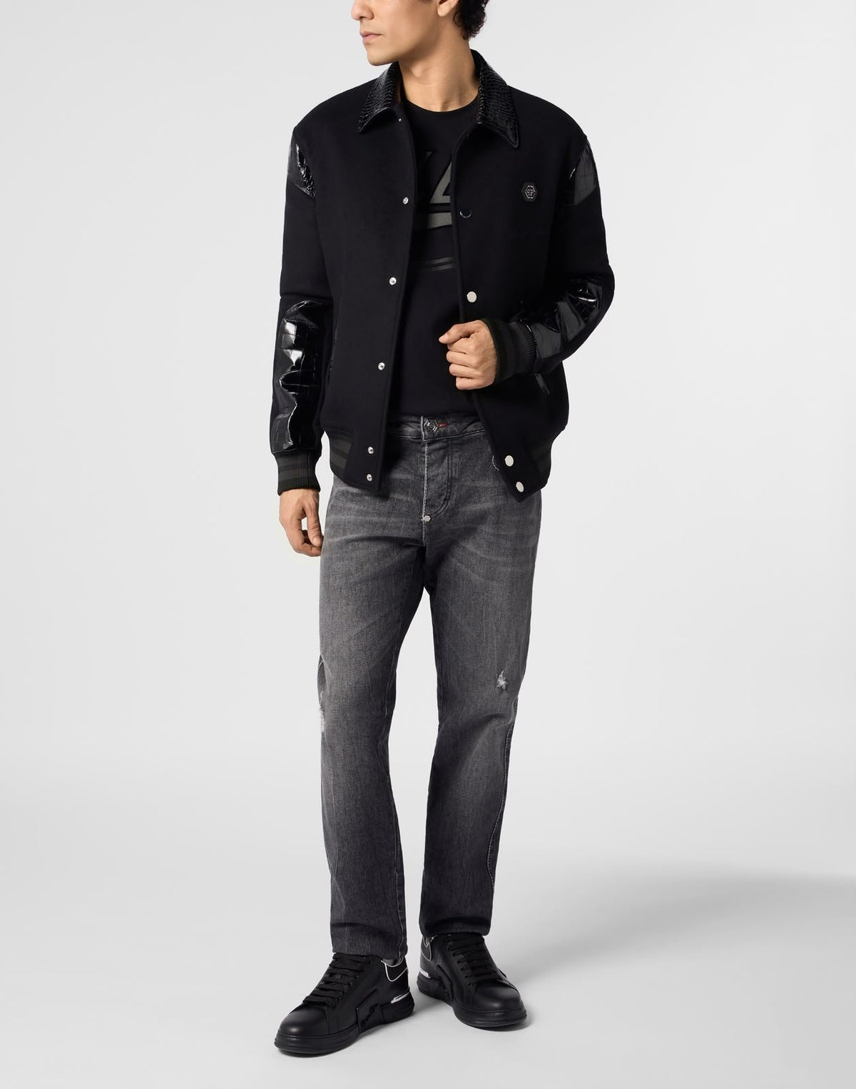 Bomber jacket Philipp Plein in lana e cashmere con inserti in pelle stampa di coccodrillo