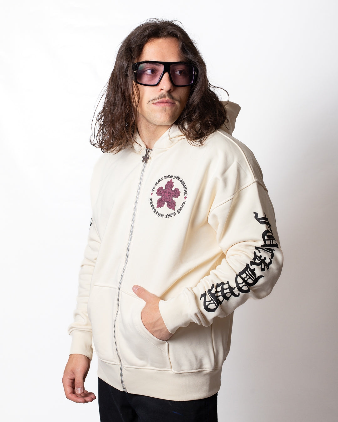 Felpa Comme des Fuckdown fullzip con cappuccio e stampa gothic uomo