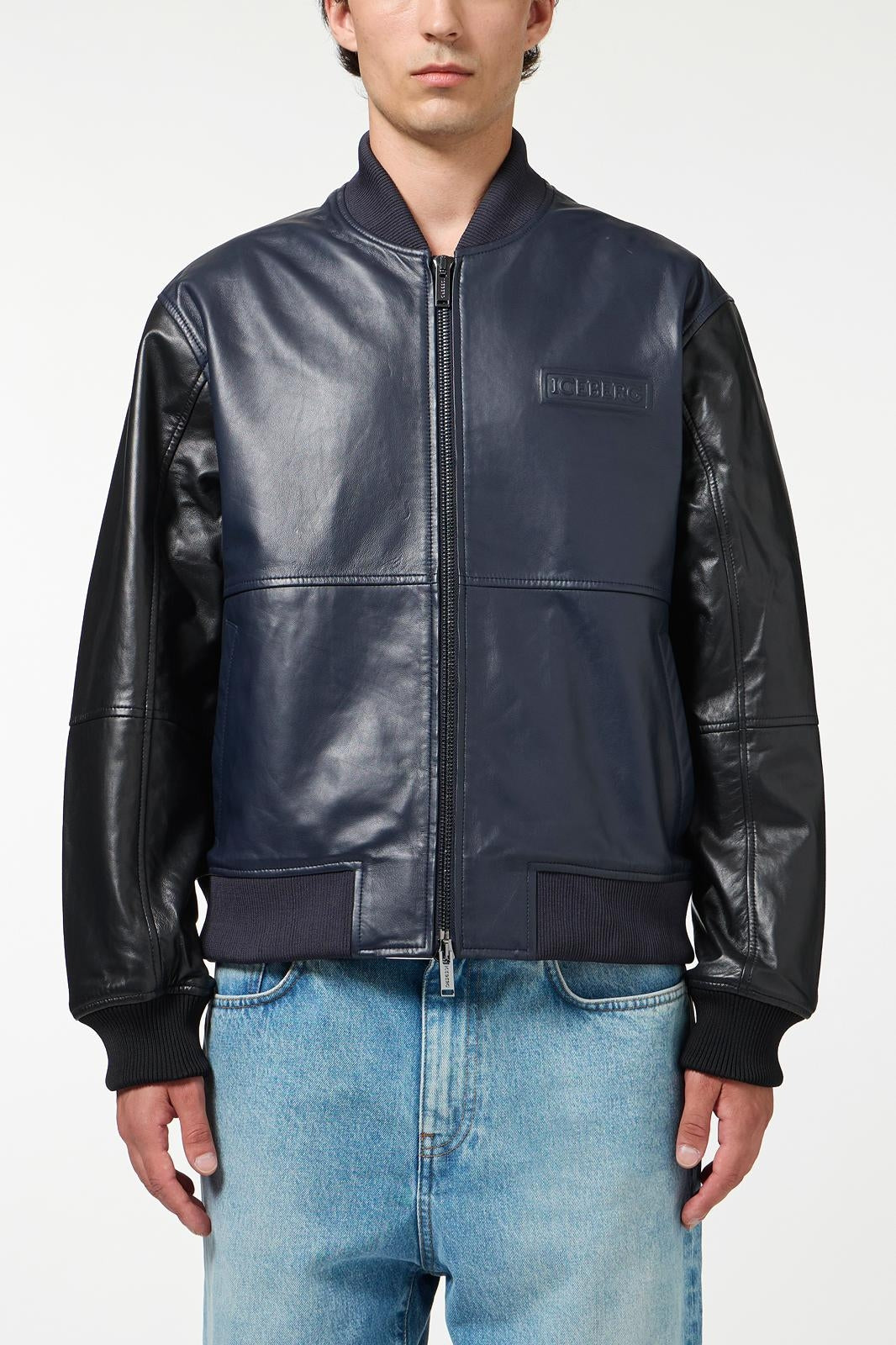 Giubbotto Iceberg in vera pelle con ricamo uomo