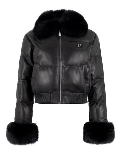 Bomber Philipp Plein pelle trapuntata e pelliccia di volpe