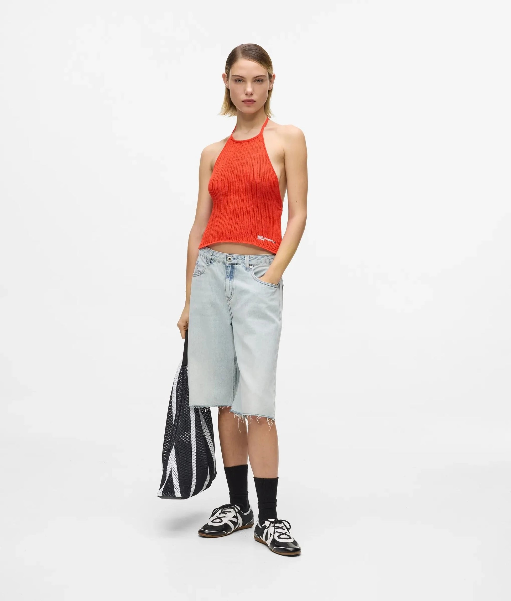 Top Karl Lagerfeld Jeans in maglia traforata con laccetti donna