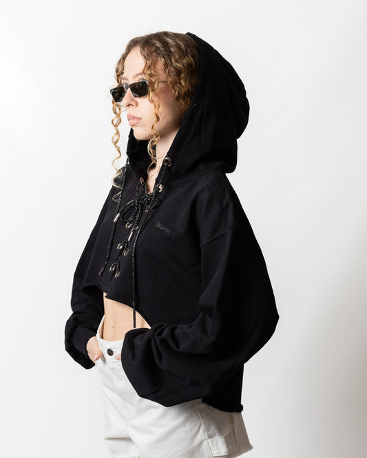 Felpa Disclaimer cropped con laccetti donna