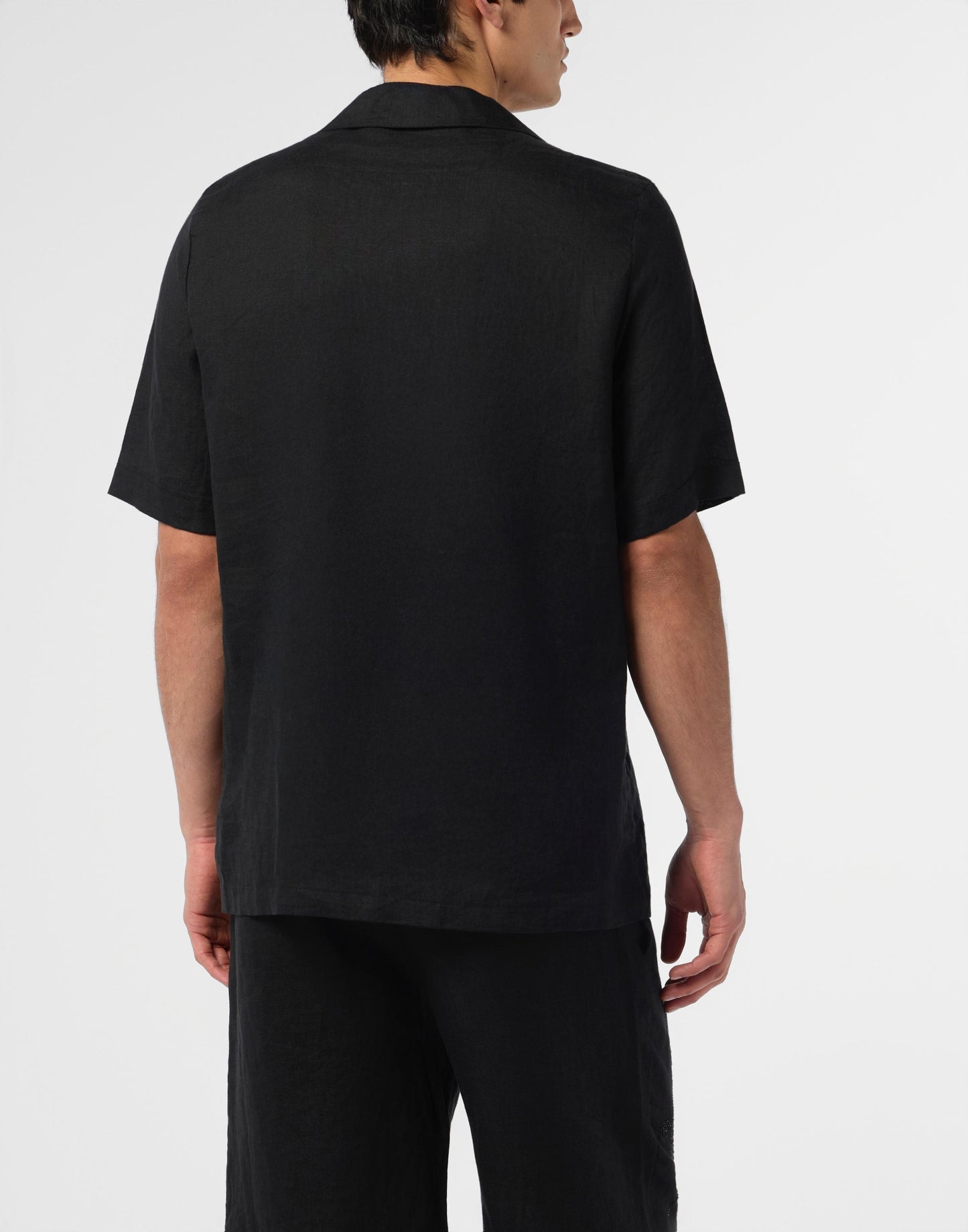 Camicia Philipp Plein manica corta in lino con logo tattoo e applicazione di strass