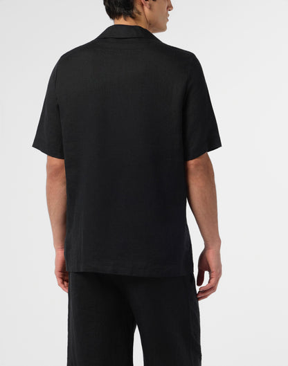 Camicia Philipp Plein manica corta in lino con logo tattoo e applicazione di strass