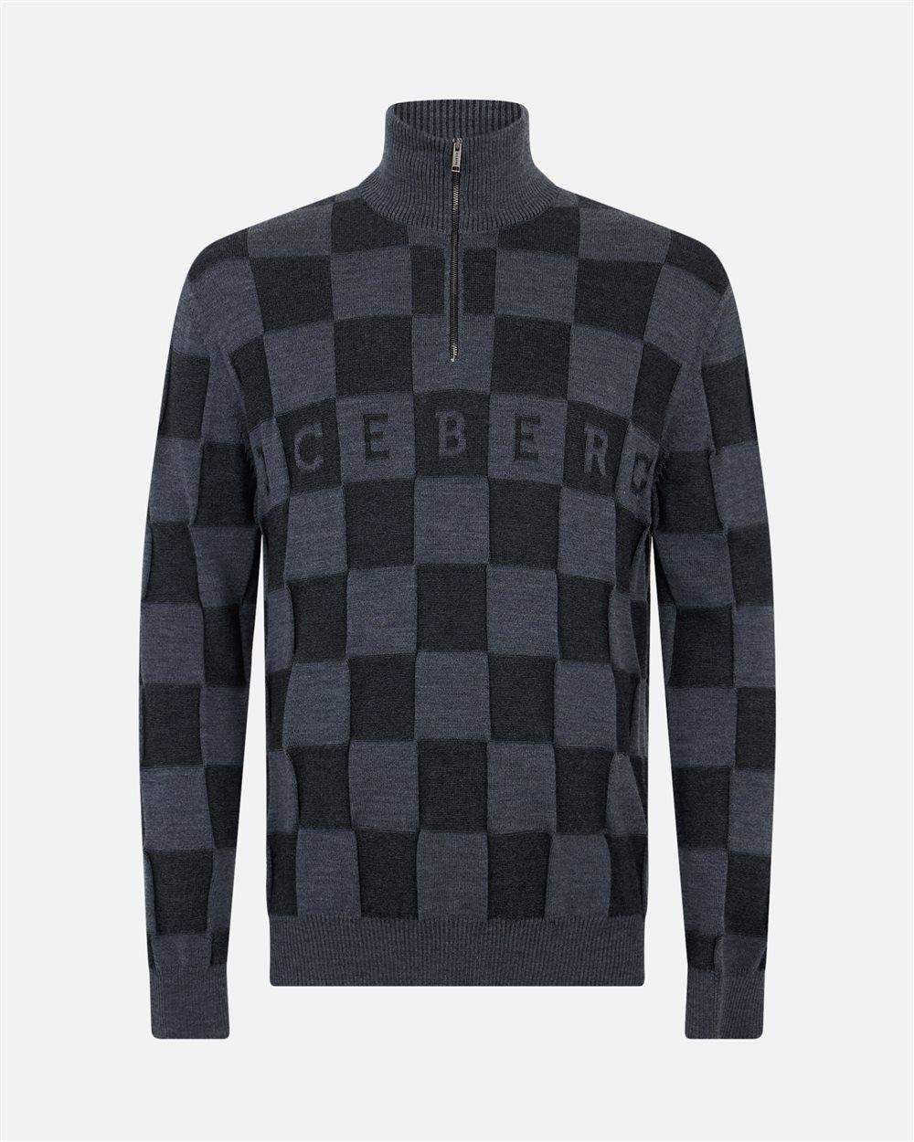 Maglia Iceberg in lana mezza zip color blocking e logo jacquard a intarsio