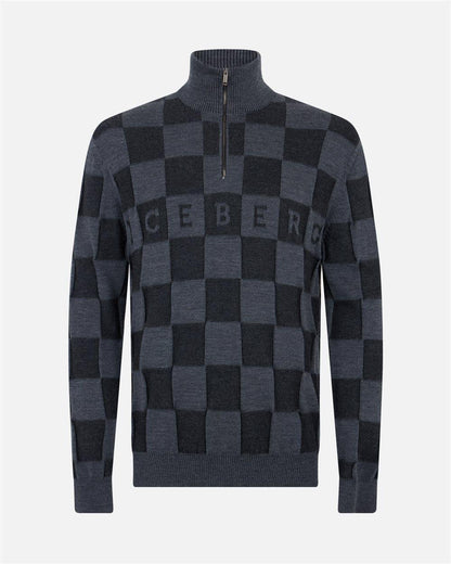 Maglia Iceberg in lana mezza zip color blocking e logo jacquard a intarsio