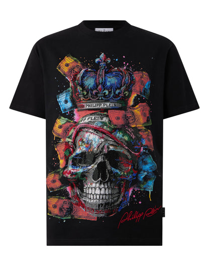 T-shirt Philipp Plein "Multicolor Dollar Skull" con cristalli sul fronte
