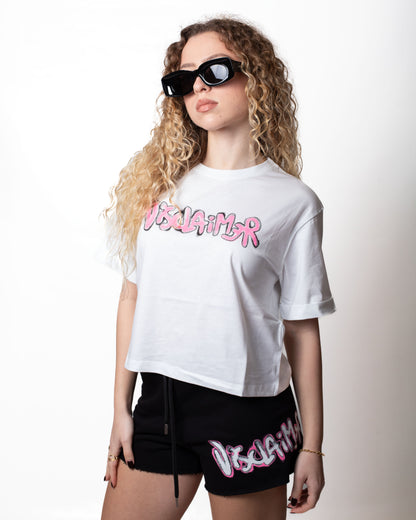 T-Shirt Disclaimer cropped con stampa a glitter donna