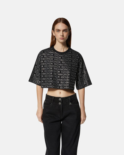 T-Shirt Richmond X cropped con logo strass all-over donna