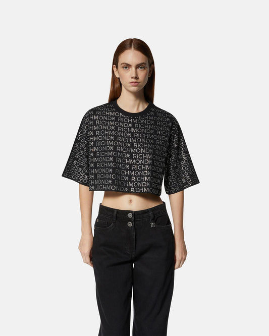 T-Shirt Richmond X cropped con logo strass all-over donna