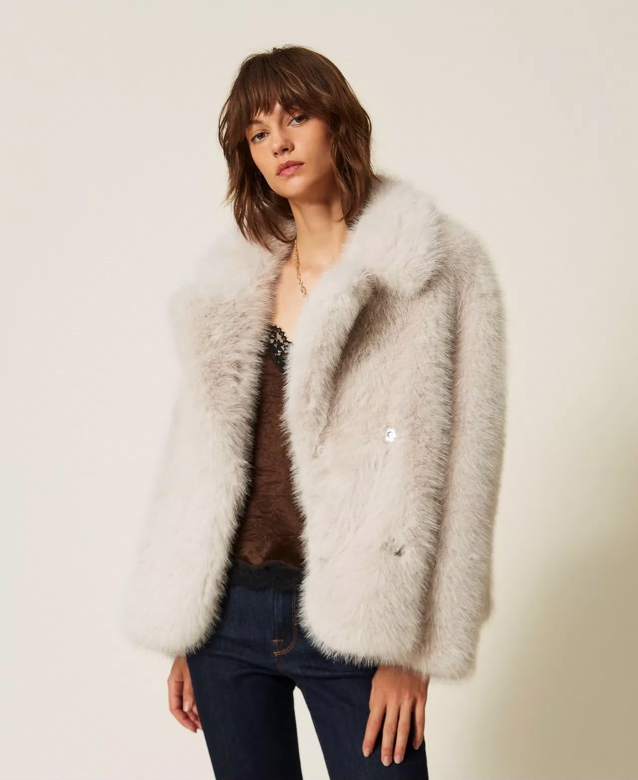 Cappotto Twinset Actitude doppiopetto in faux fur donna