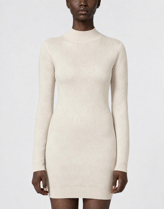 Abito Philipp Plein "Merino Wool Turtle Neck Mini Dress Jacquard Monogram