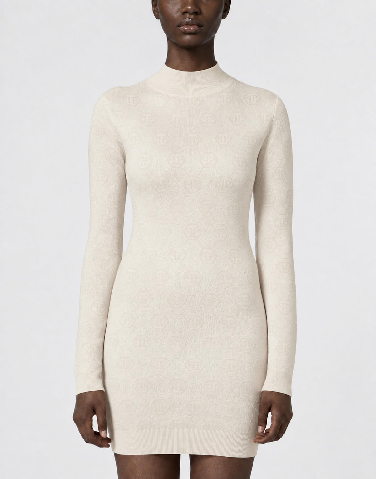 Abito Philipp Plein "Merino Wool Turtle Neck Mini Dress Jacquard Monogram