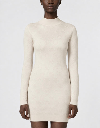 Abito Philipp Plein "Merino Wool Turtle Neck Mini Dress Jacquard Monogram