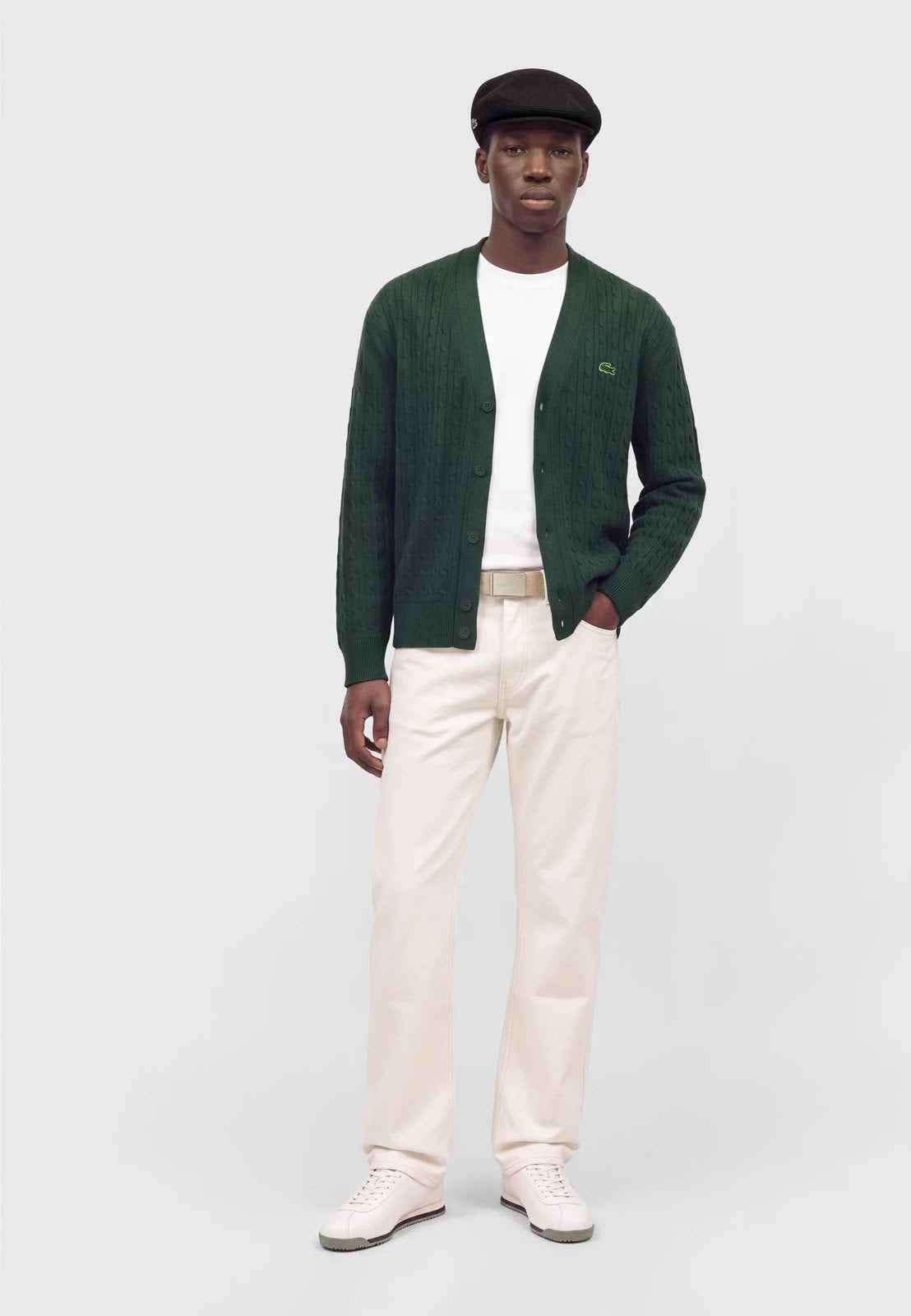 Cardigan Lacoste treccia inglese con logo ricamato e maxi logo sul retro