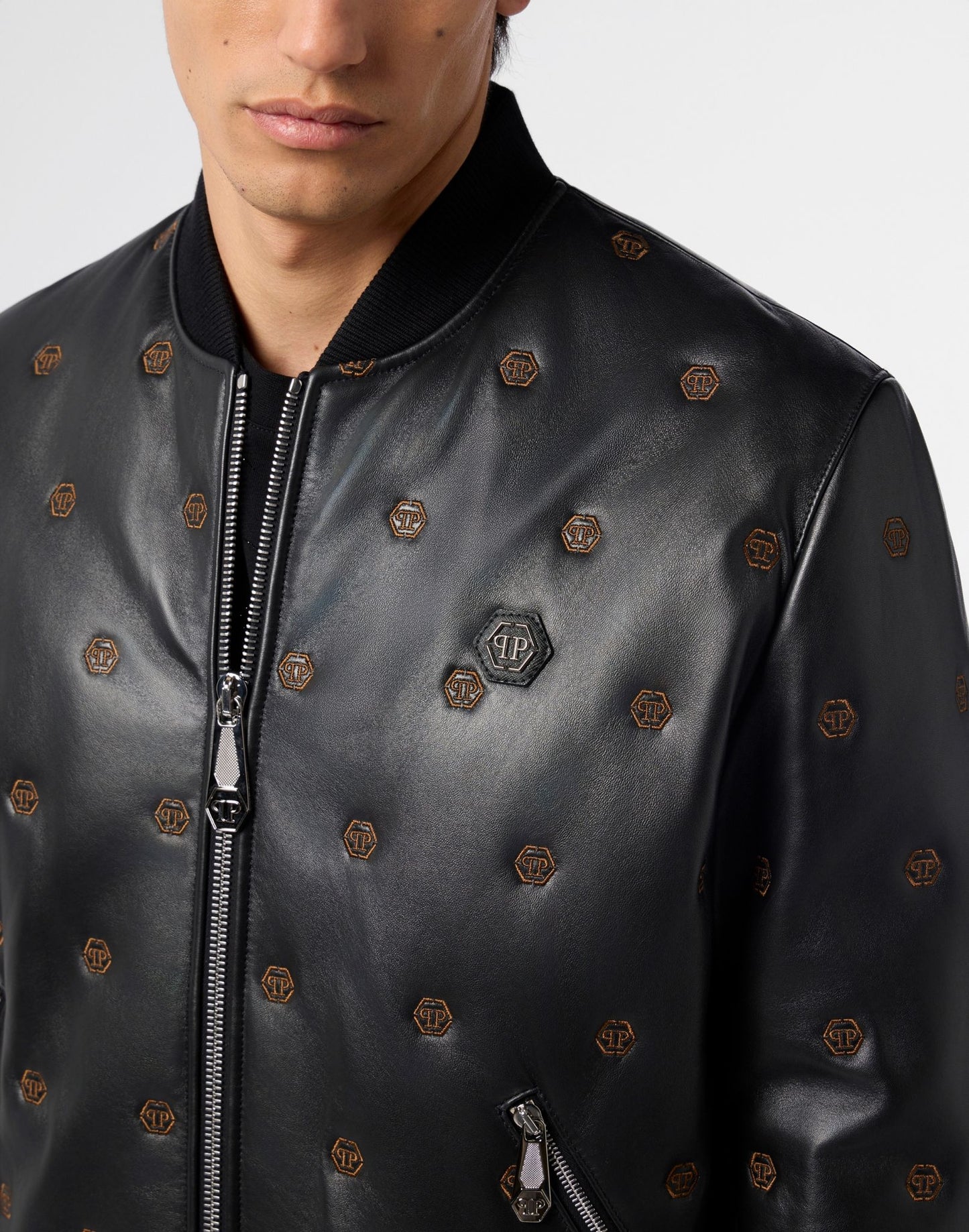 Giubbotto Philipp Plein in vera pelle con logo all-over uomo