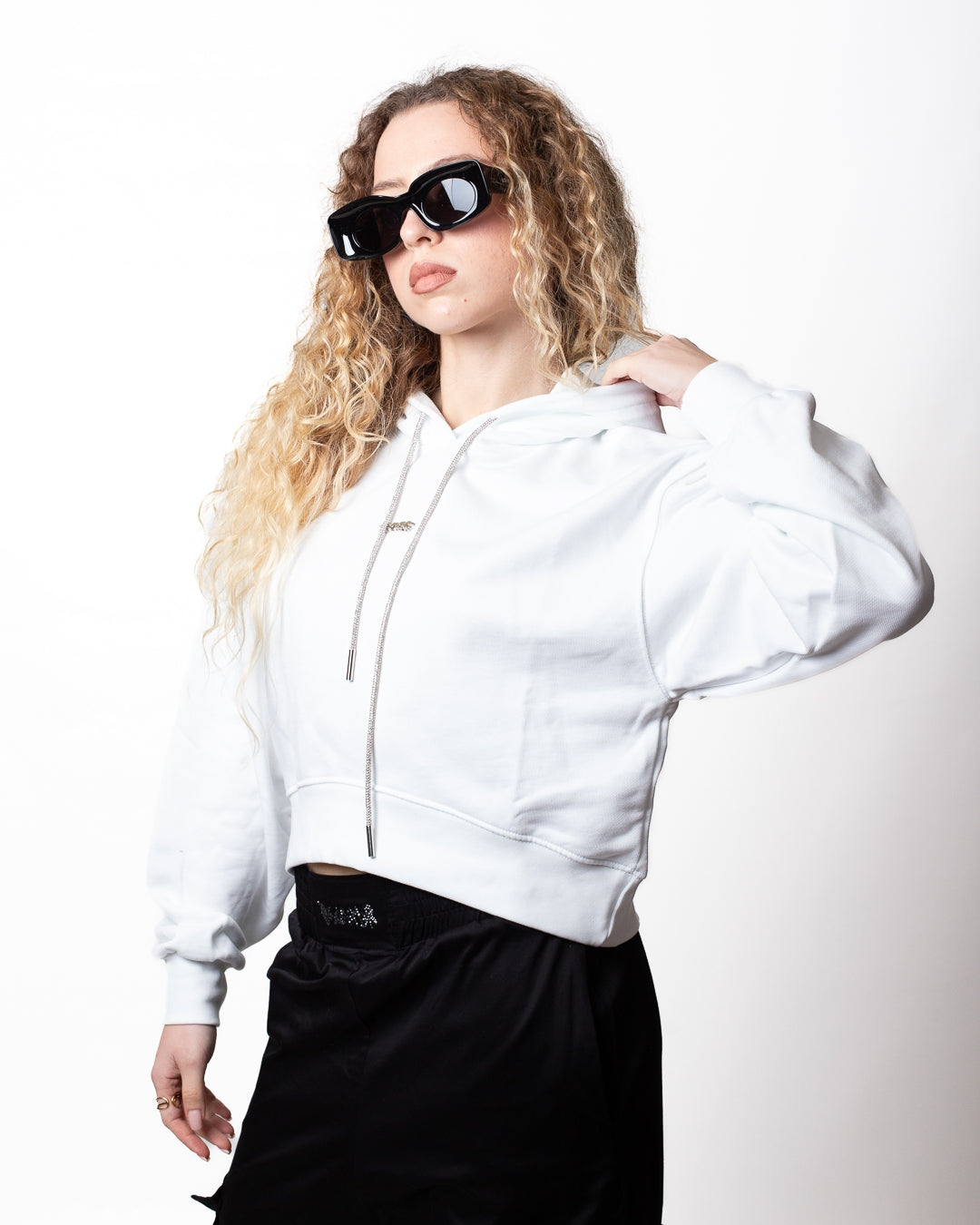 Felpa Disclaimer cropped con coulisse brillantinata donna