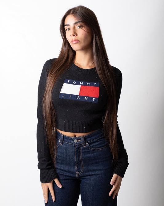 Maglia Tommy Jeans girocollo cropped "Sparkle Flag" donna