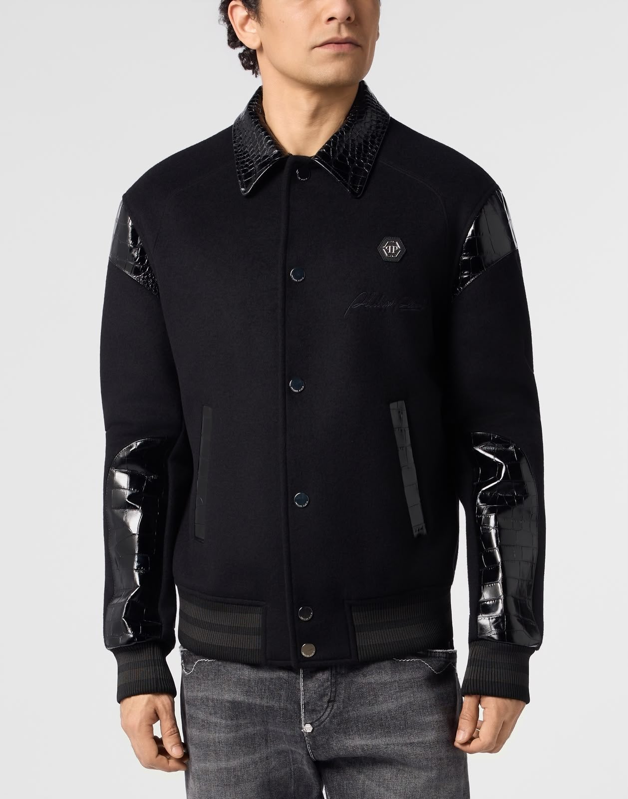 Bomber jacket Philipp Plein in lana e cashmere con inserti in pelle stampa di coccodrillo