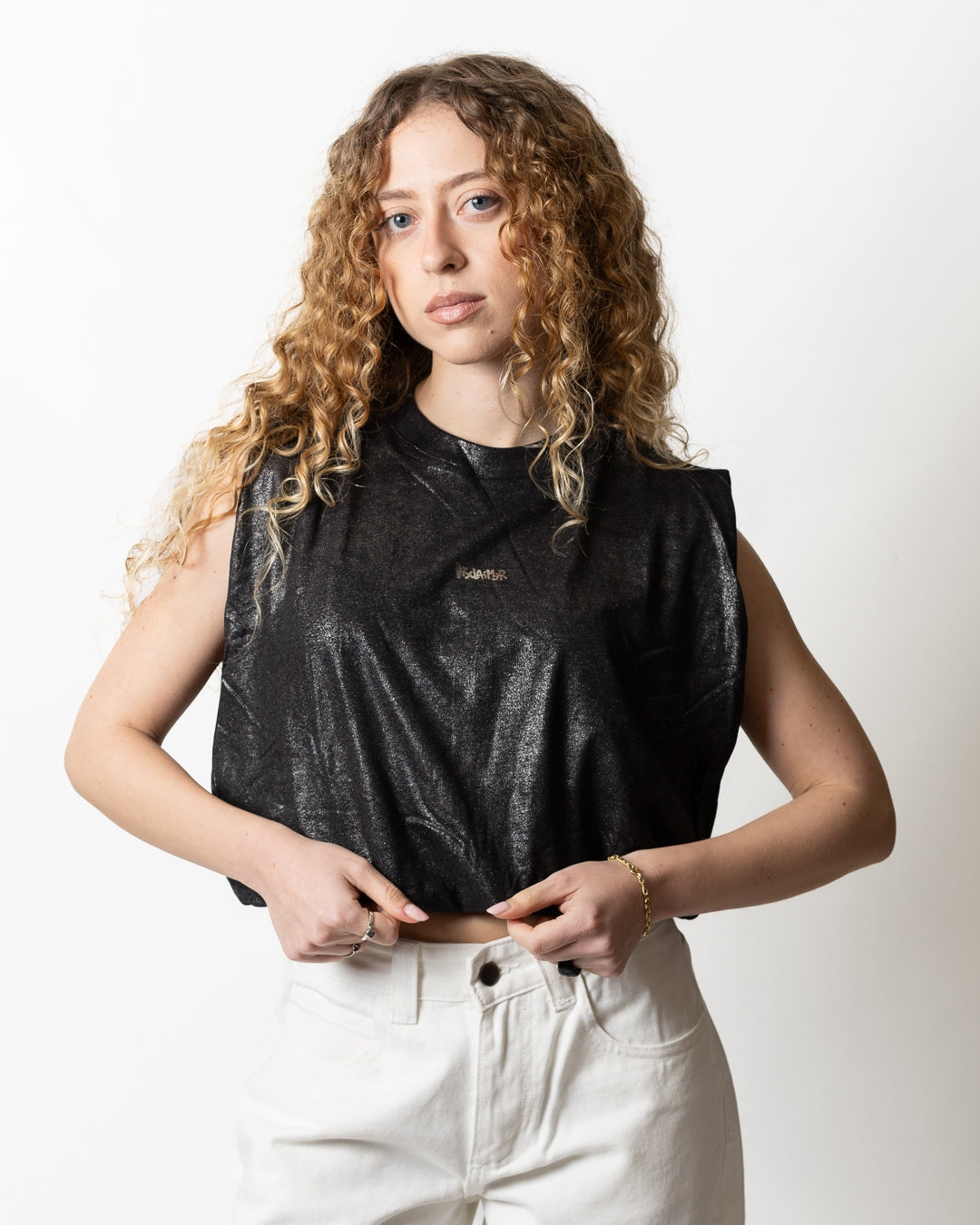 Canotta Disclaimer cropped glitterata donna