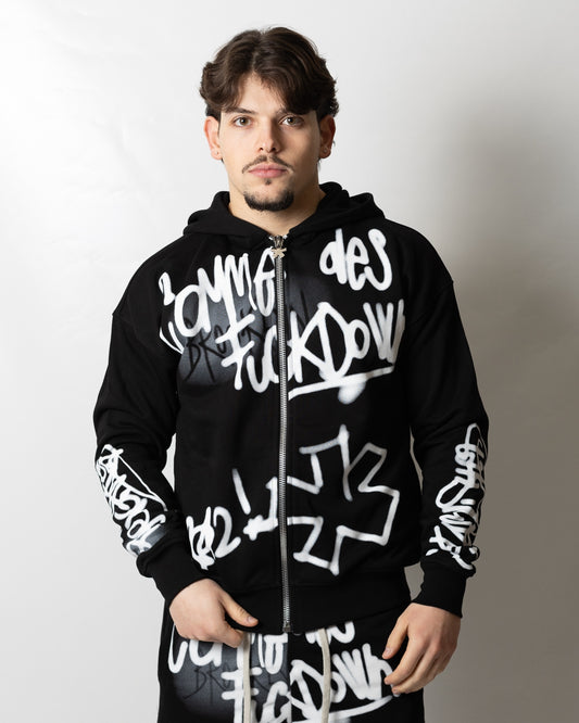 Felpa Comme des Fuckdown fullzip con cappuccio e stampa spray uomo