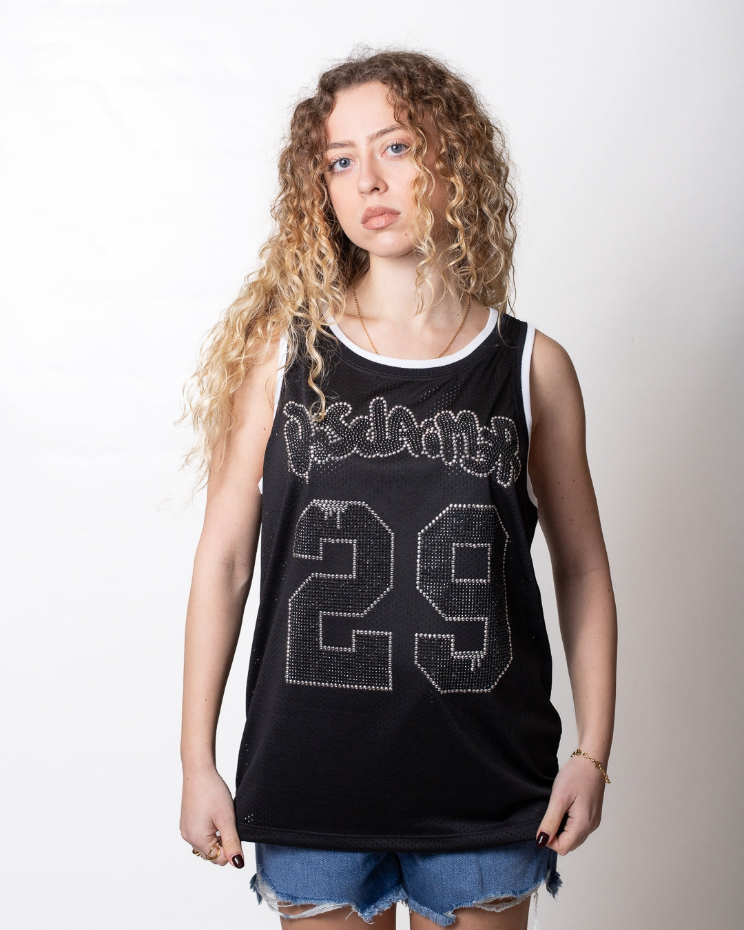 Canotta Disclaimer in rete con strass donna