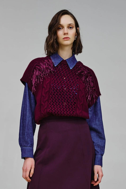 Maglia gilet Nenette in lana e cashmere con dettagli decorativi e piume