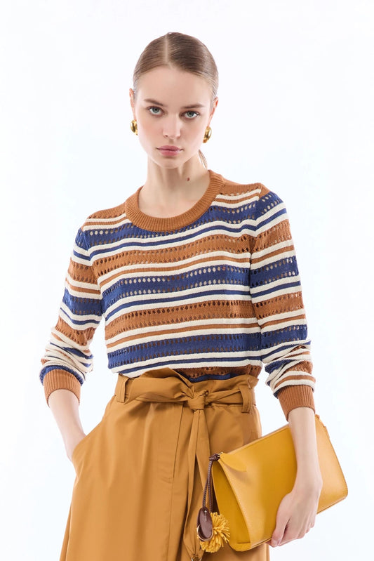 Maglia Nenette girocollo traforata a strisce donna