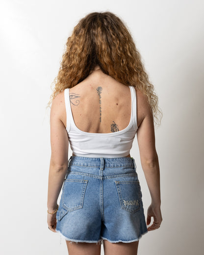 Top Disclaimer cropped in costina con strass donna