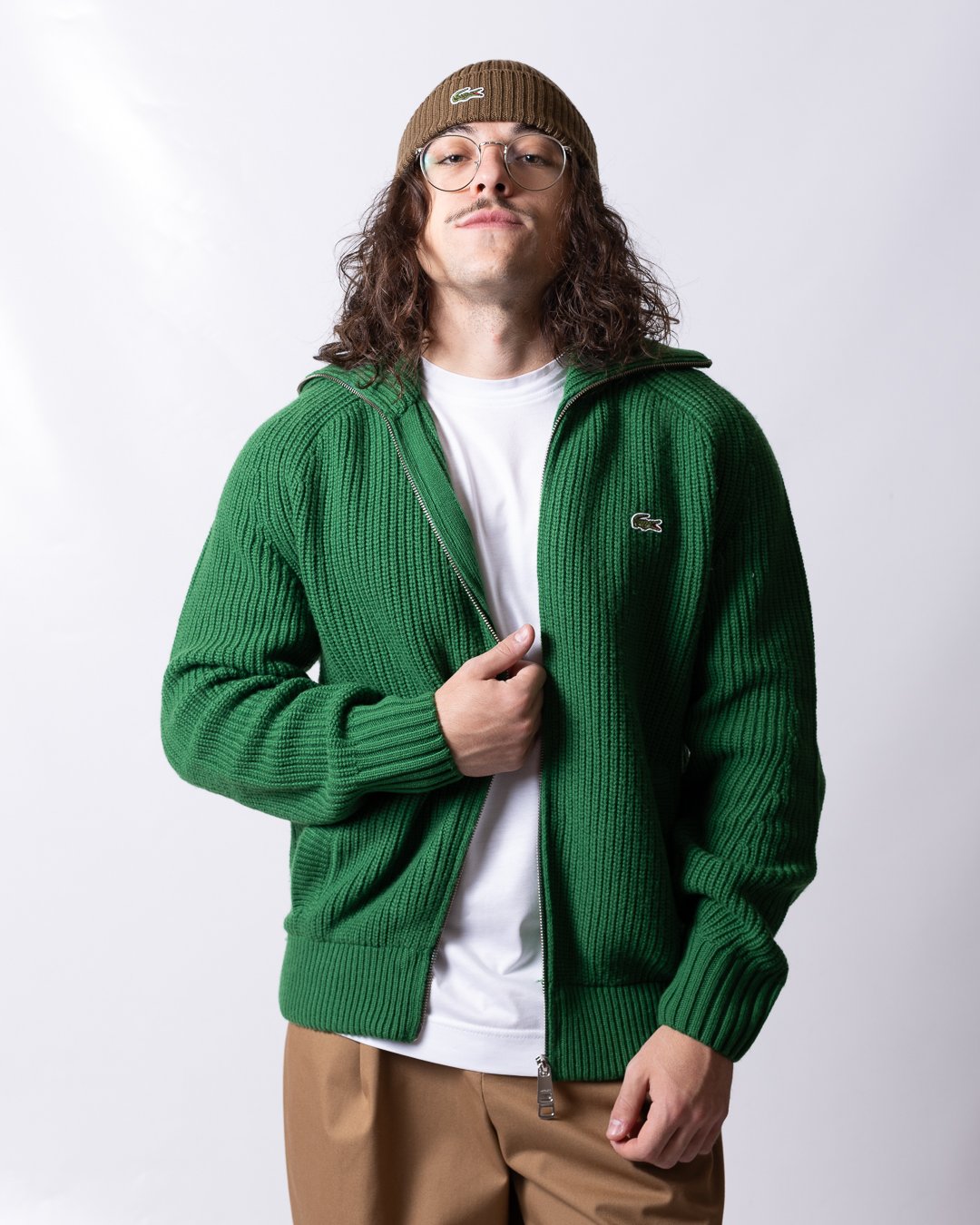 Maglia Lacoste fullzip a collo alto in lana con costine uomo