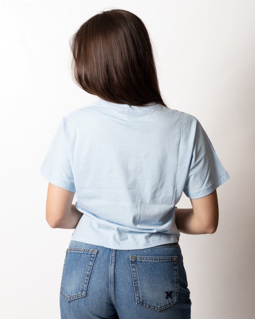 T-Shirt Disclaimer cropped con logo glitter donna
