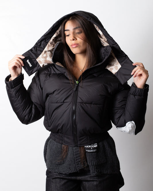 Piumino Disclaimer puffer con dettagli maculati donna