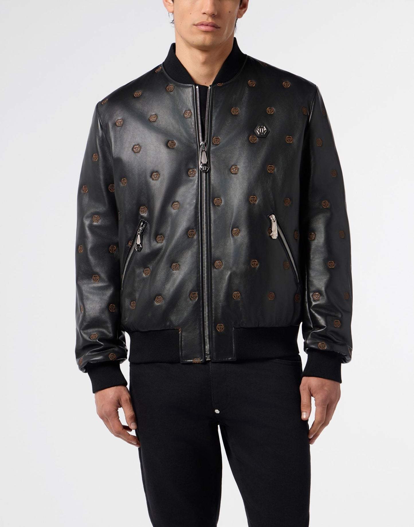 Giubbotto Philipp Plein in vera pelle con logo all-over uomo