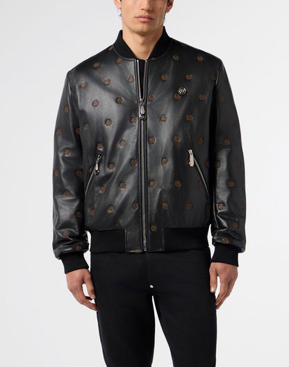 Giubbotto Philipp Plein in vera pelle con logo all-over uomo