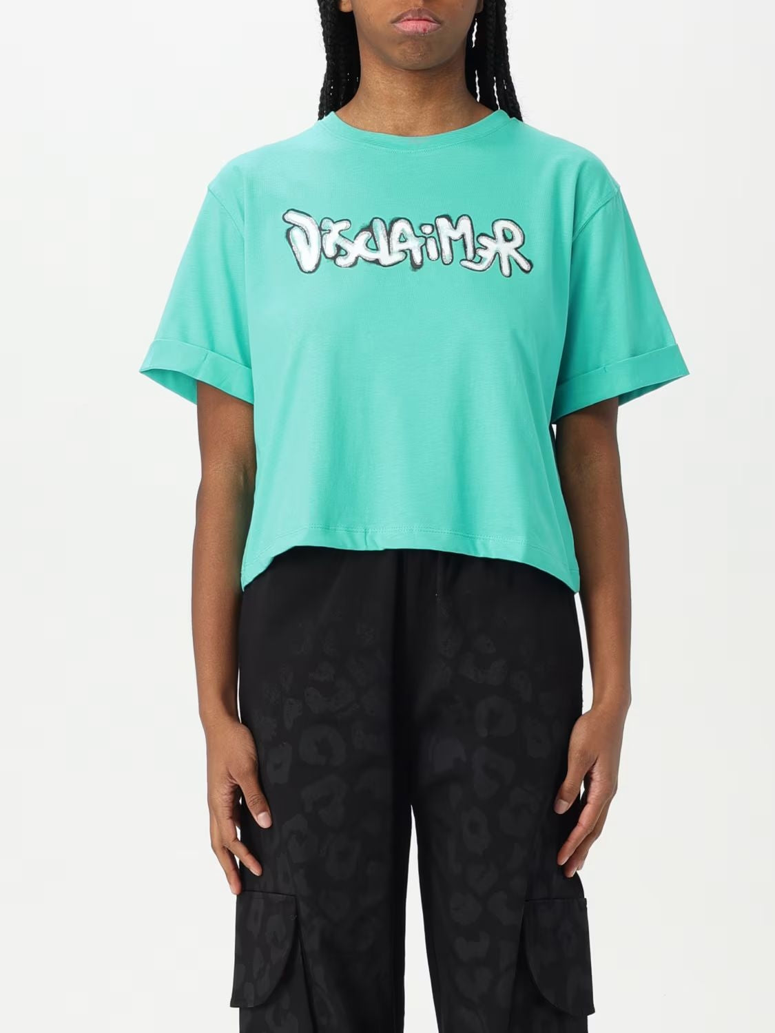 T-Shirt Disclaimer cropped con stampa a glitter donna