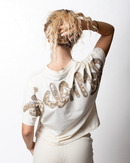 T-Shirt Disclaimer cropped con logo maculato donna