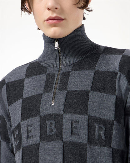 Maglia Iceberg in lana mezza zip color blocking e logo jacquard a intarsio