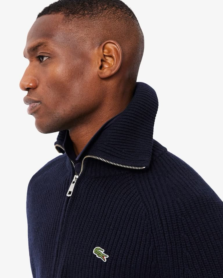 Maglia Lacoste fullzip a collo alto in lana con costine uomo