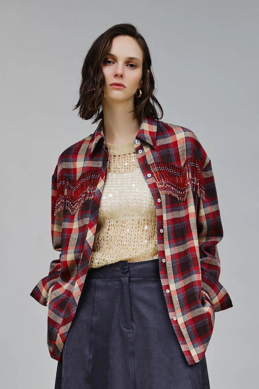 Camicia Nenette con motivo a quadri e dettagli di perline colorate